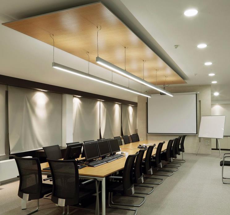 Linear pendant lighting installed in a modern office meeting room.