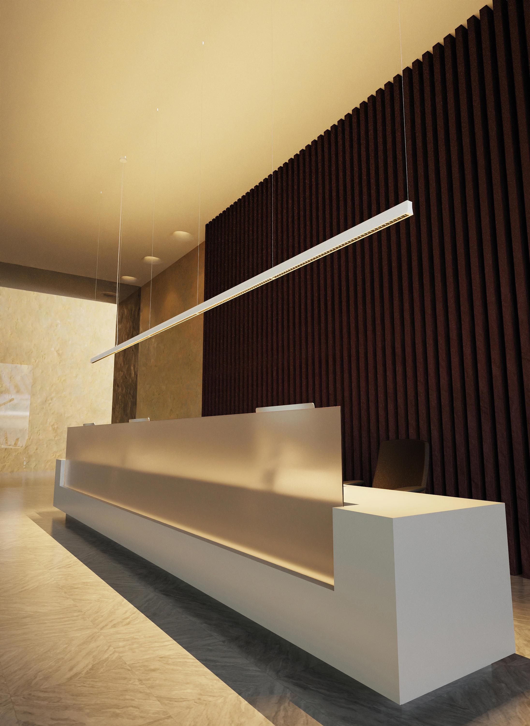 Linear pendant lighting installed in a modern office meeting room.