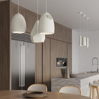 Ceramic pendant lighting installed in a contemporary residential interior.