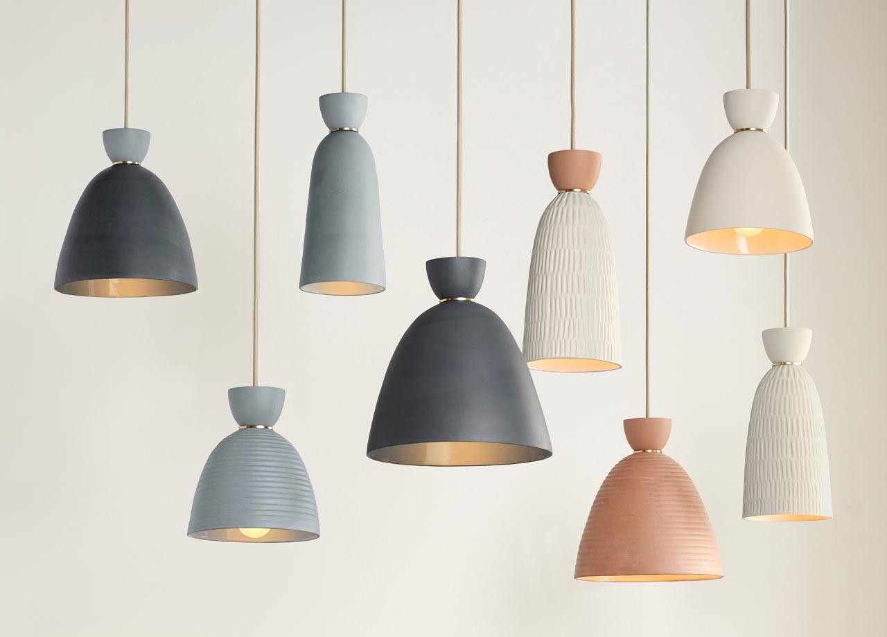 Ceramic pendant lighting family featuring multiple shapes and sizes.