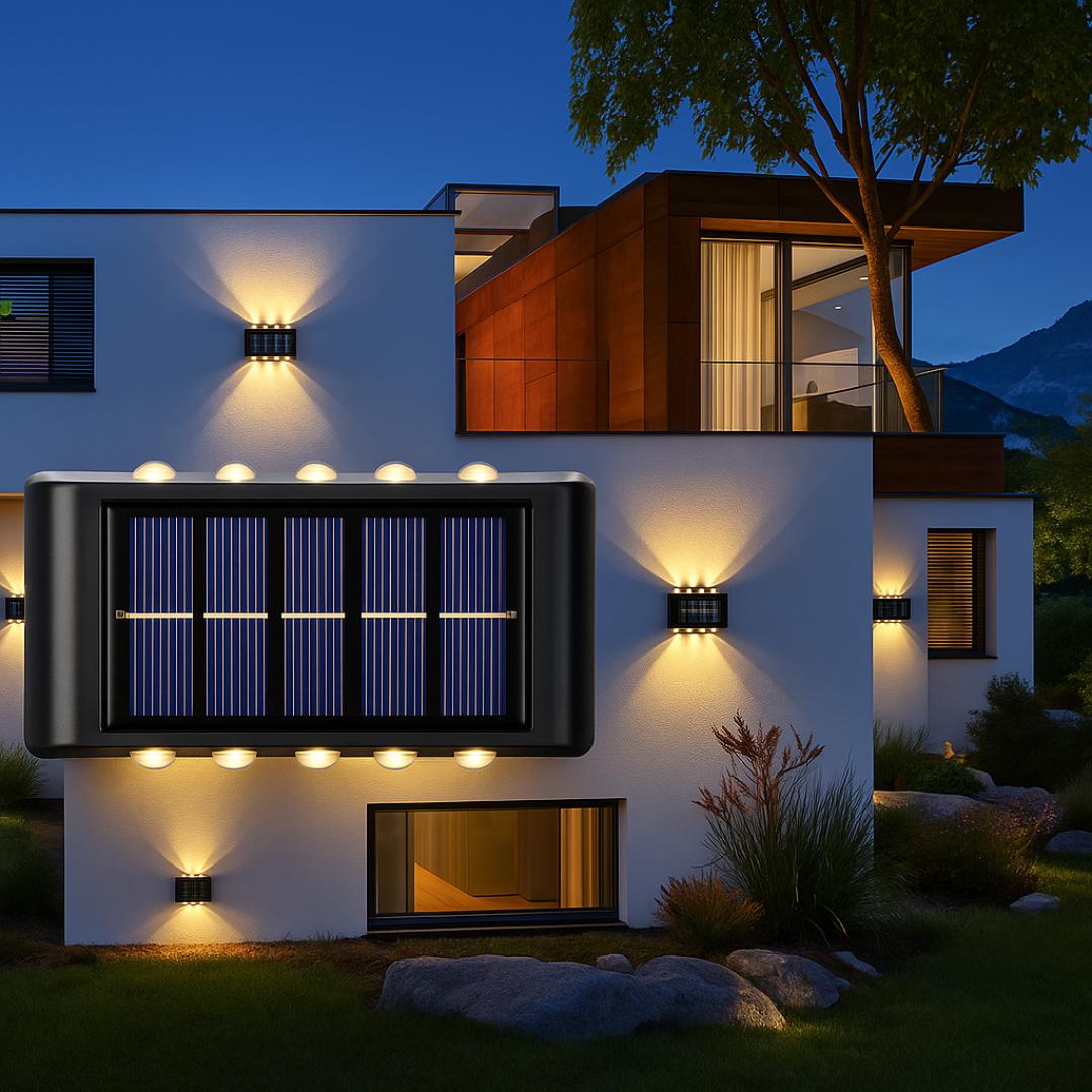 Solar LED wall lights installed on a contemporary residential façade.