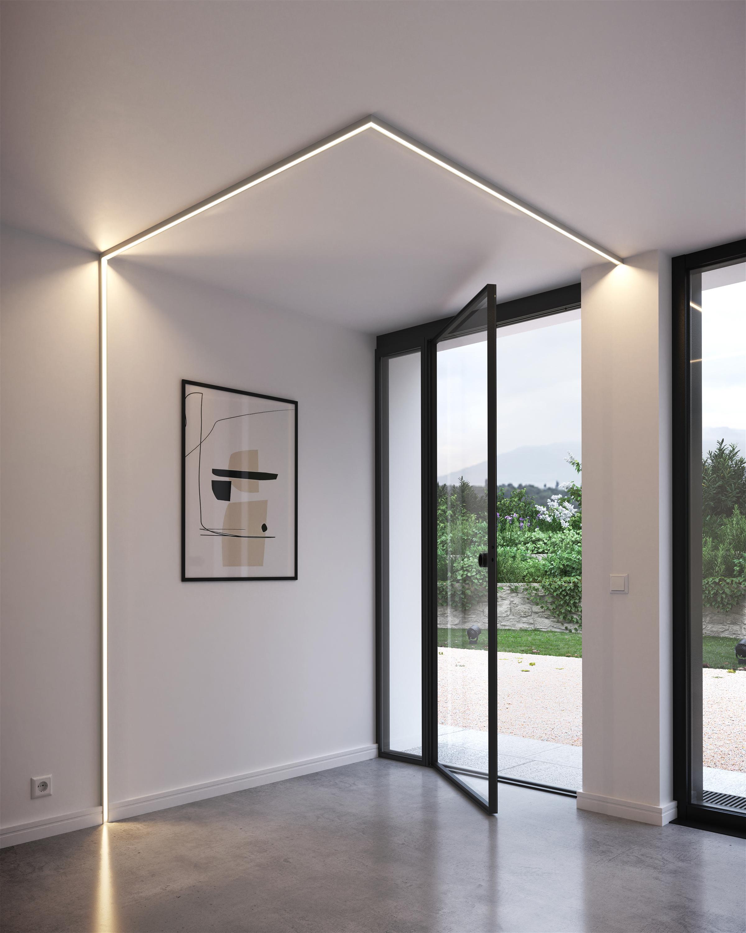 Corner linear lights installed in a contemporary residential interior.