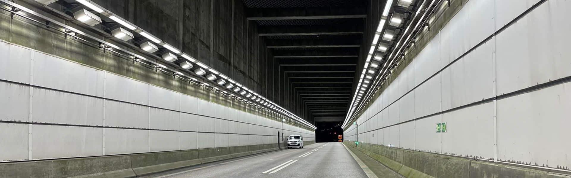 LED tunnel lights installed in a modern highway tunnel.