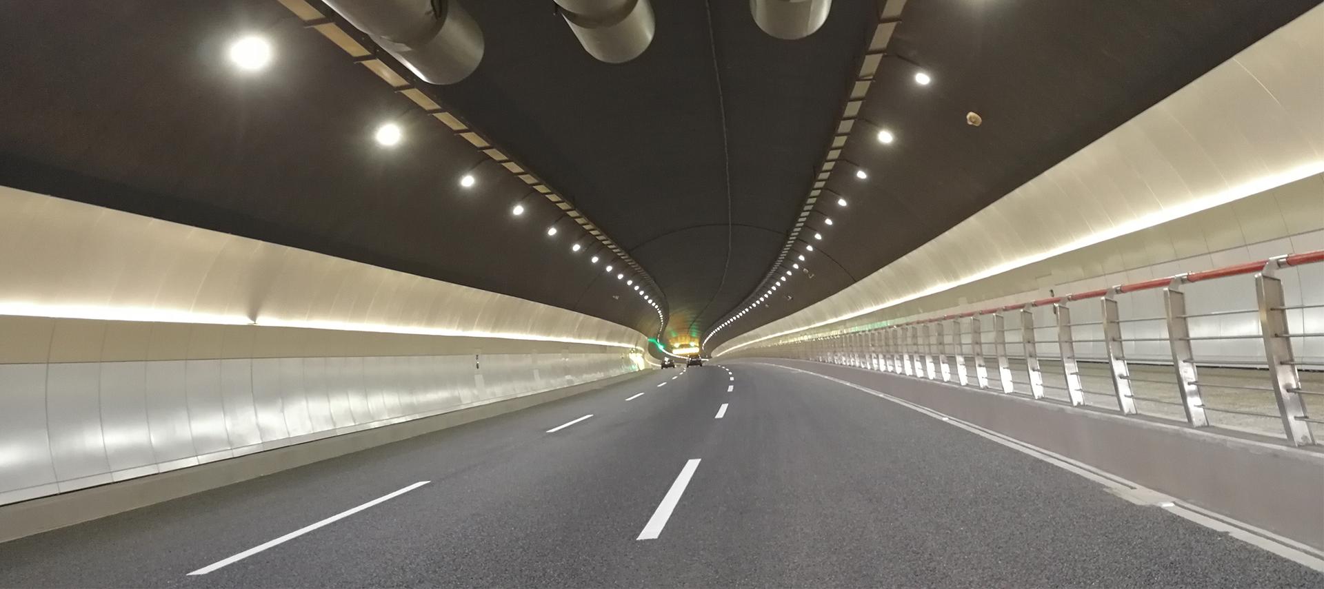 LED tunnel lights installed in a modern highway tunnel.