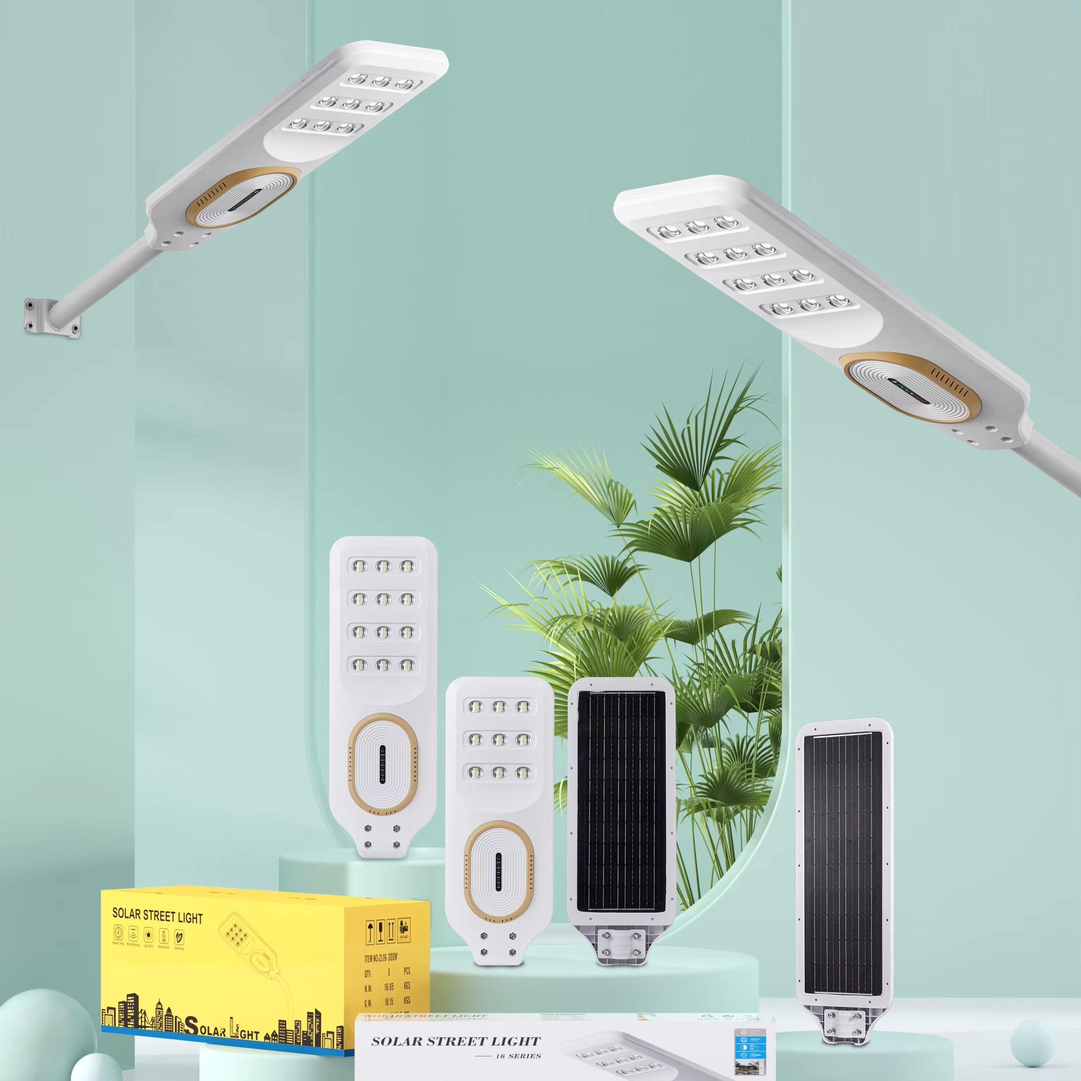 Solar parking light family with different power ratings, solar panel configurations and pole heights.