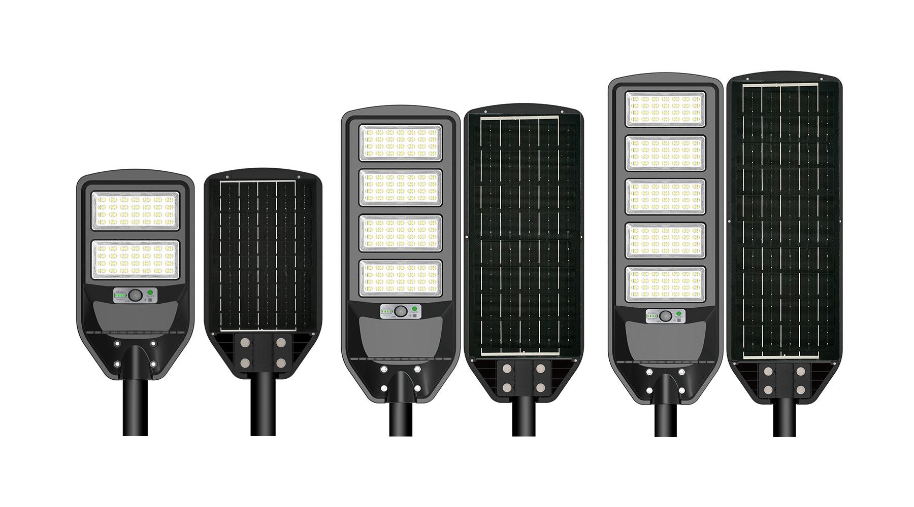 Solar parking light family with different power ratings, solar panel configurations and pole heights.