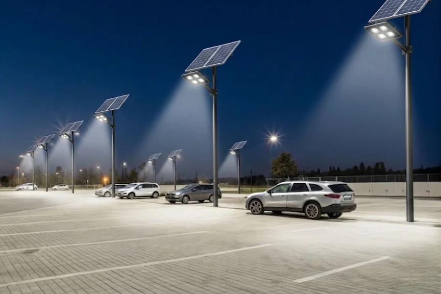 Solar LED parking lights installed in a contemporary parking facility.