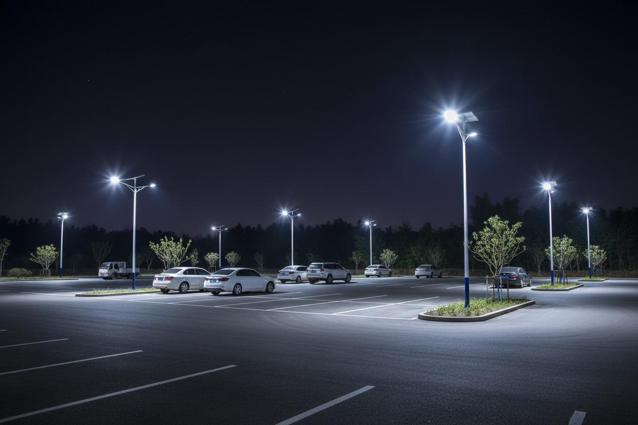 Solar LED parking lights installed in a contemporary parking facility.