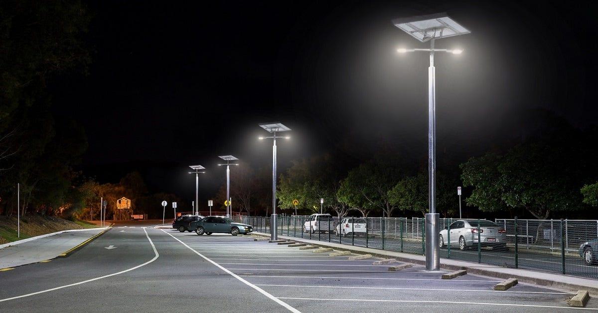 Solar LED parking lights installed in a contemporary parking facility.