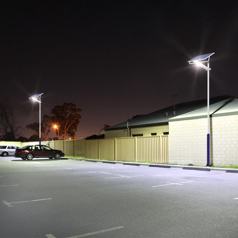 Solar LED parking lights installed in a contemporary parking facility.