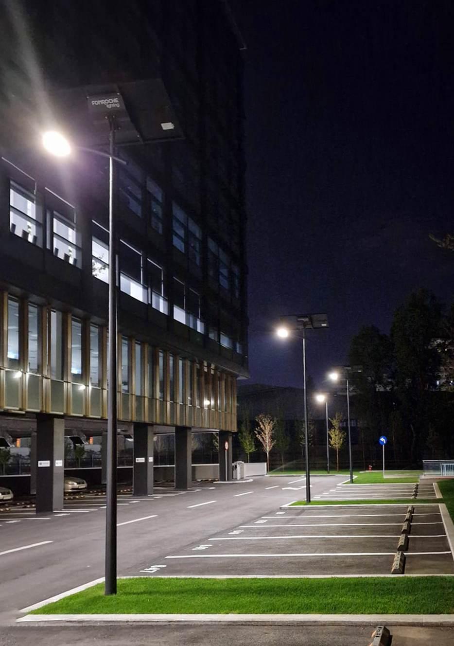 Solar LED parking lights installed in a contemporary parking facility.