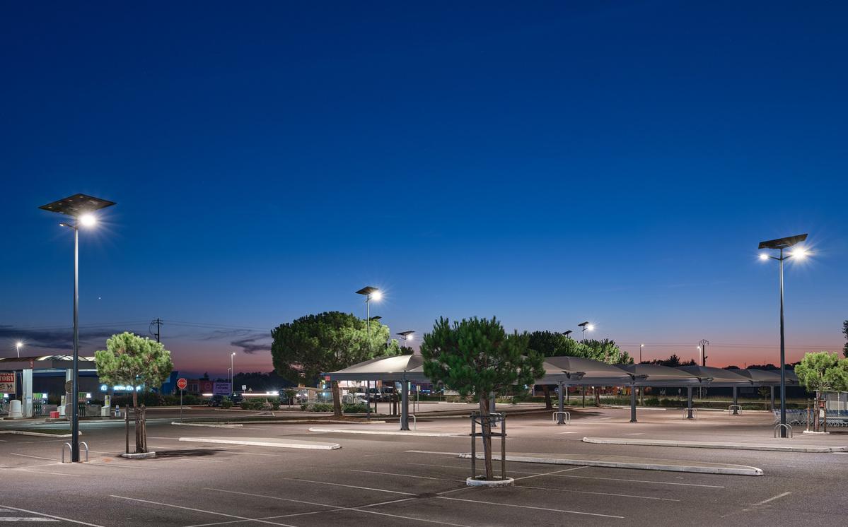 Solar LED parking lights installed in a contemporary parking facility.