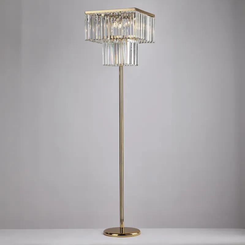 Front view of a crystal floor lamp highlighting elegant crystal detailing and refined architectural proportions.