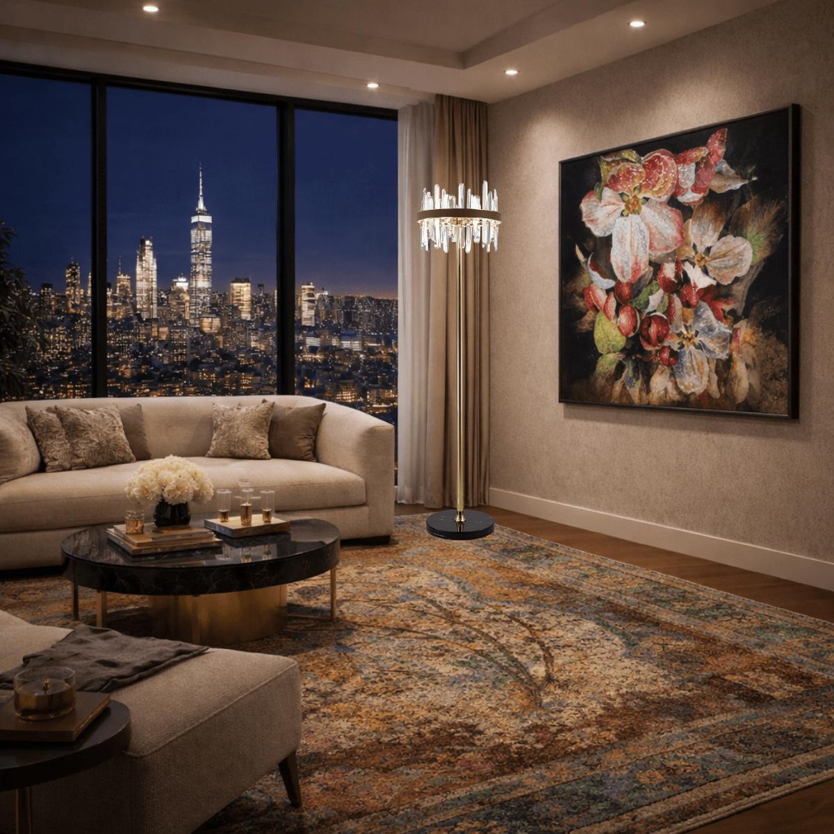 Crystal floor lamp positioned in a luxury hotel lobby creating sparkling reflections and sophisticated ambient lighting.