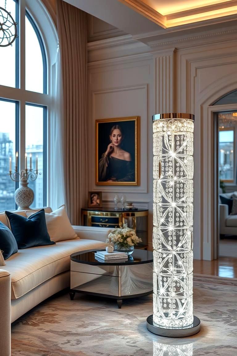 Crystal floor lamp positioned in a luxury hotel lobby creating sparkling reflections and sophisticated ambient lighting.