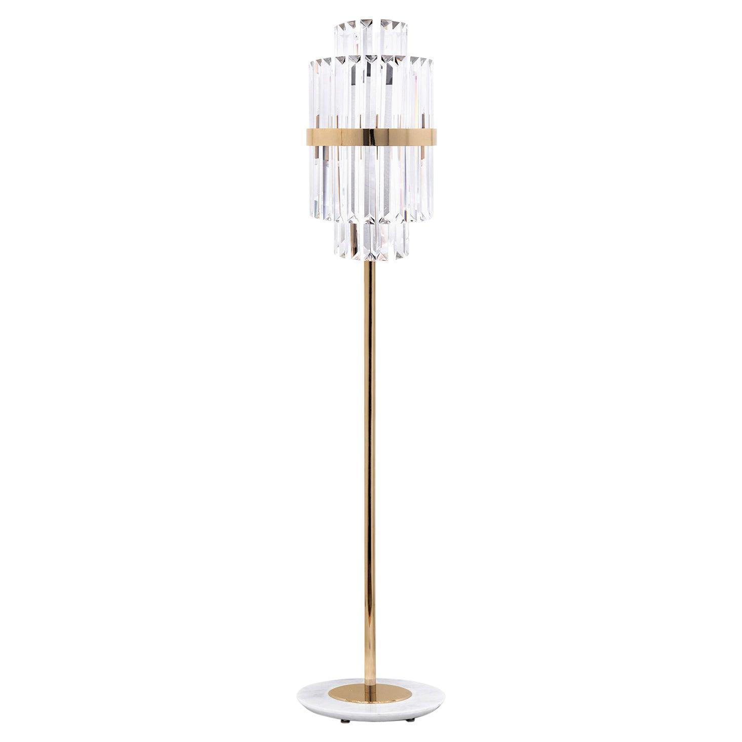 Crystal floor lamp photographed on a clean white background showcasing precision-cut crystal elements and premium metal finishes.