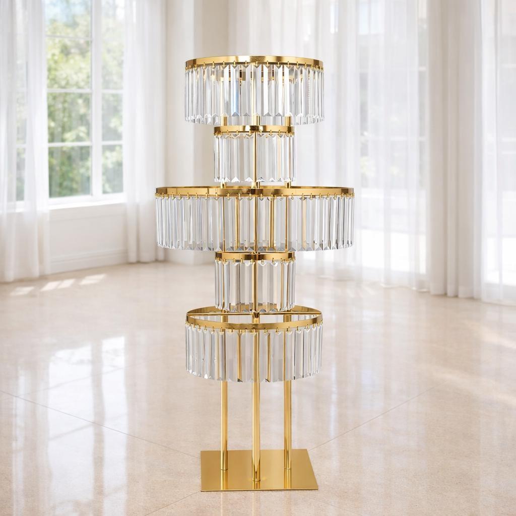 Front view of a crystal floor lamp highlighting elegant crystal detailing and refined architectural proportions.