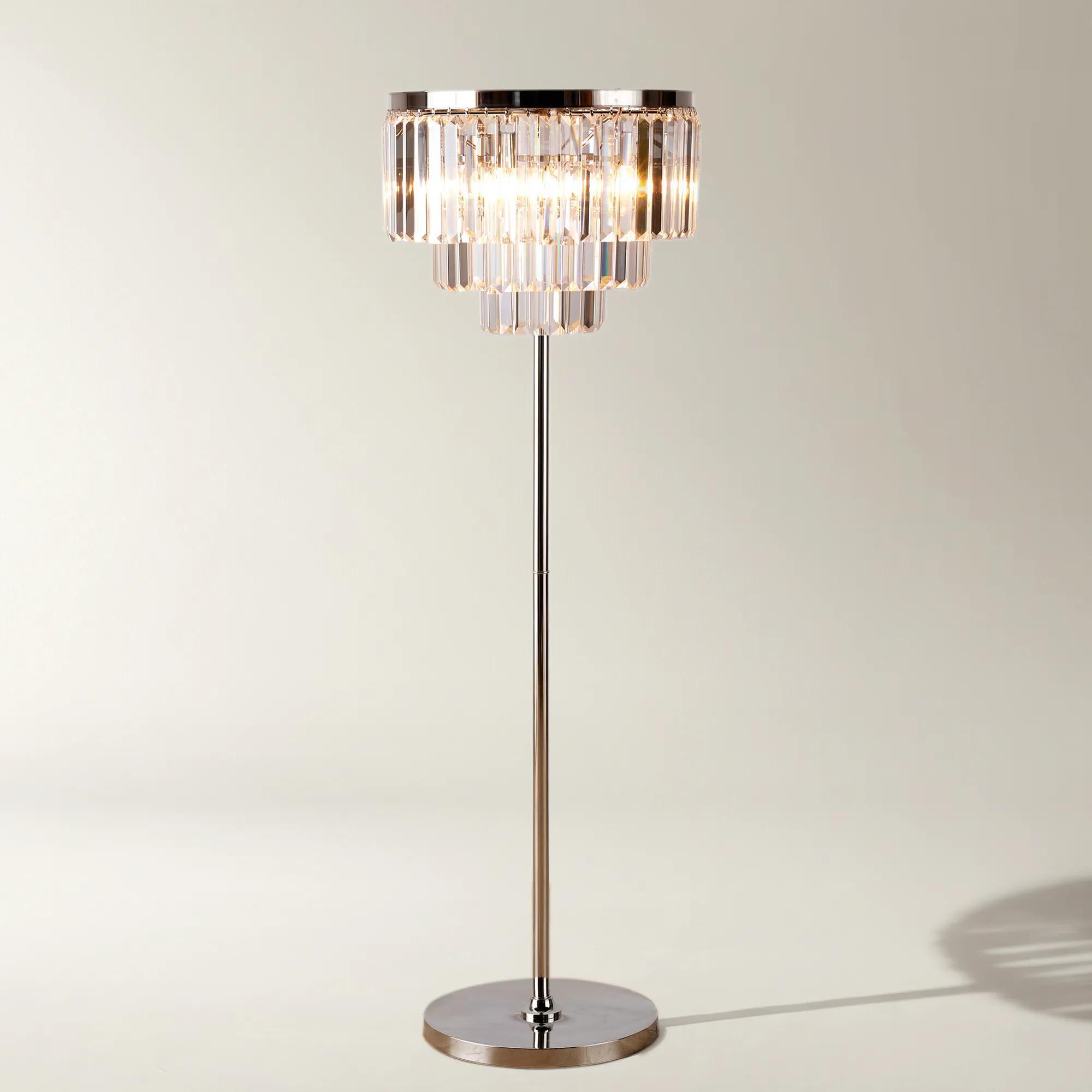 Front view of a crystal floor lamp highlighting elegant crystal detailing and refined architectural proportions.