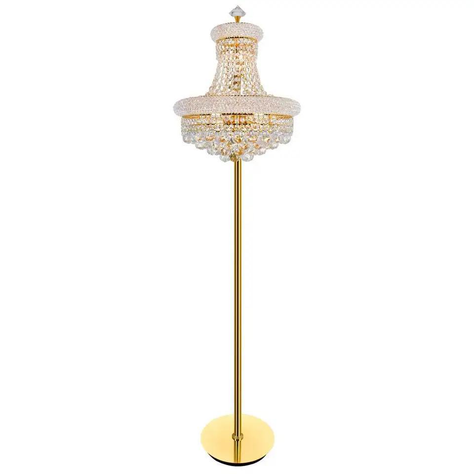 Crystal floor lamp photographed on a clean white background showcasing precision-cut crystal elements and premium metal finishes.