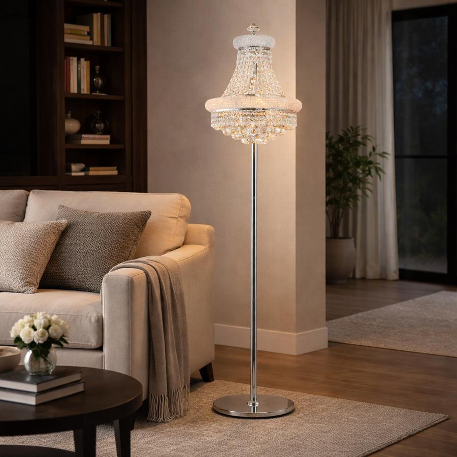 Crystal floor lamp positioned in a luxury hotel lobby creating sparkling reflections and sophisticated ambient lighting.