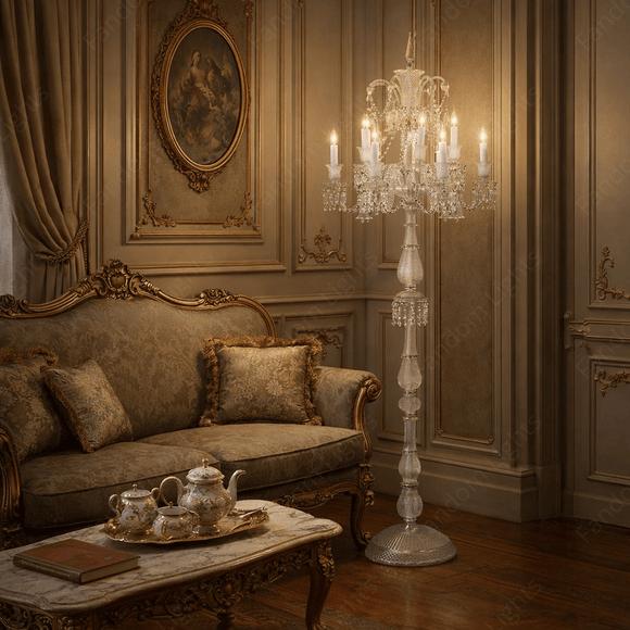 Crystal floor lamp positioned in a luxury hotel lobby creating sparkling reflections and sophisticated ambient lighting.