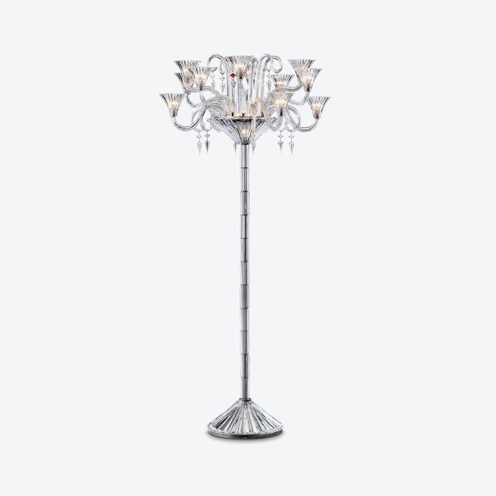 Front view of a crystal floor lamp highlighting elegant crystal detailing and refined architectural proportions.
