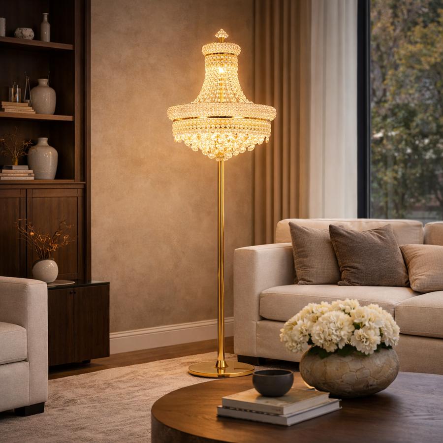 Crystal floor lamp positioned in a luxury hotel lobby creating sparkling reflections and sophisticated ambient lighting.