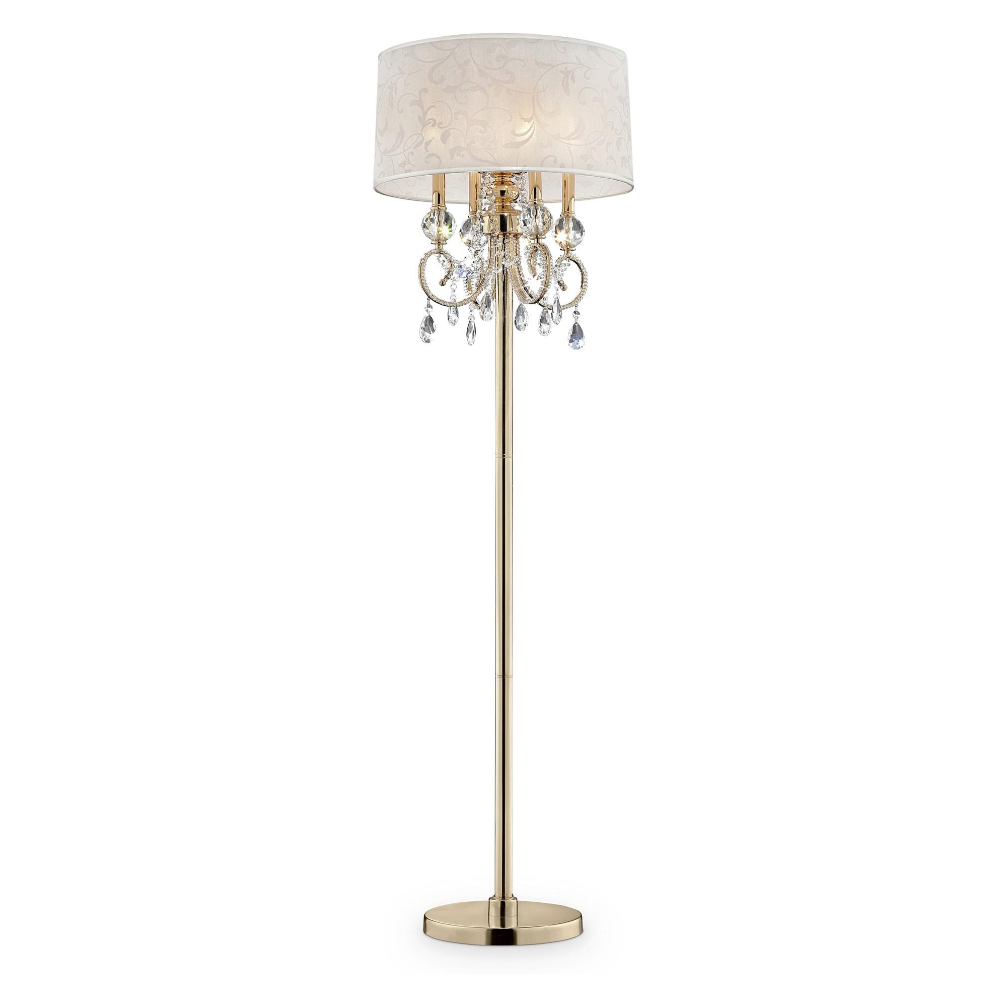 Crystal floor lamp photographed on a clean white background showcasing precision-cut crystal elements and premium metal finishes.