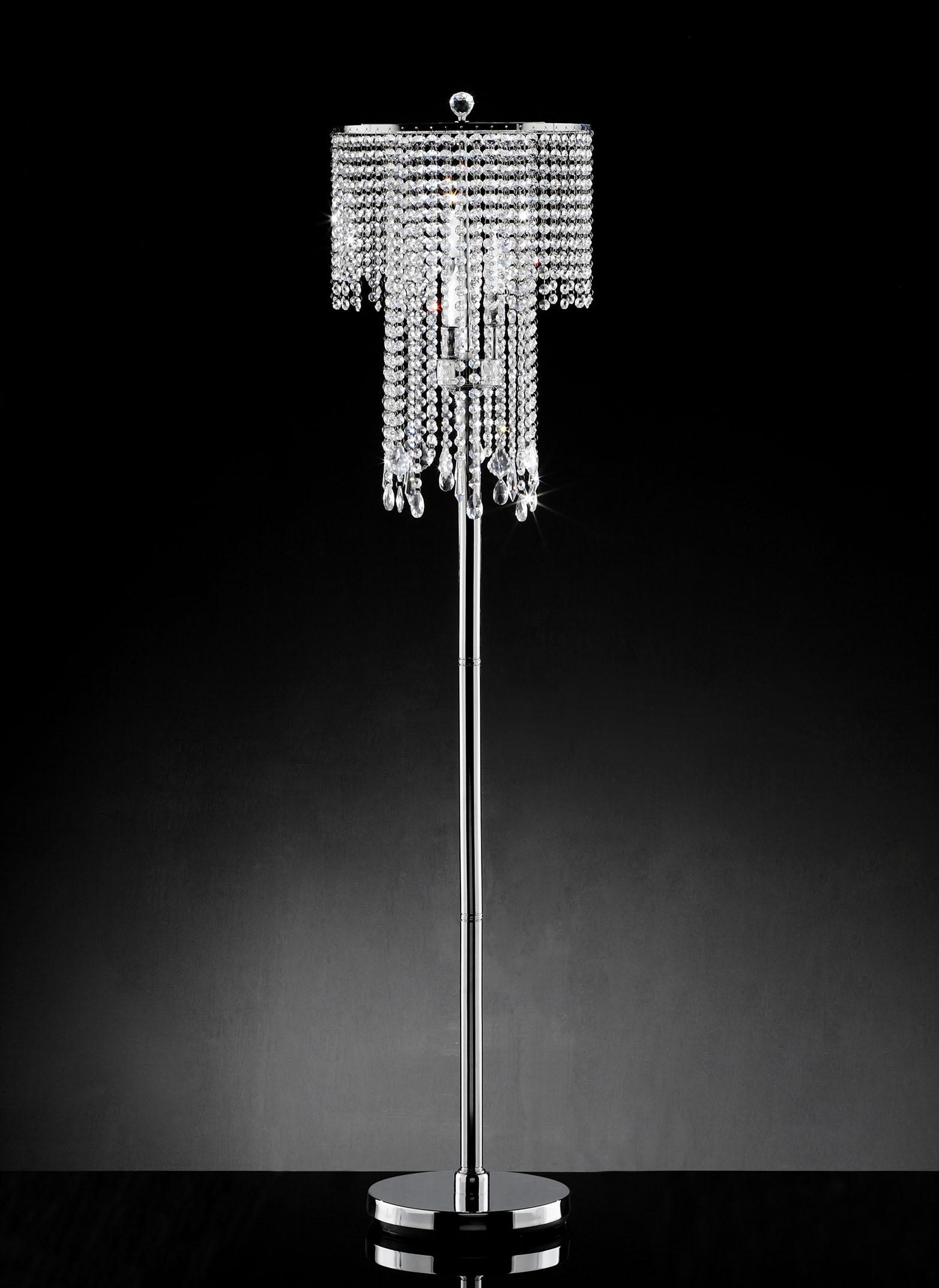 Front view of a crystal floor lamp highlighting elegant crystal detailing and refined architectural proportions.