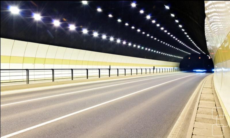 High power LED tunnel lights installed in a modern highway tunnel.