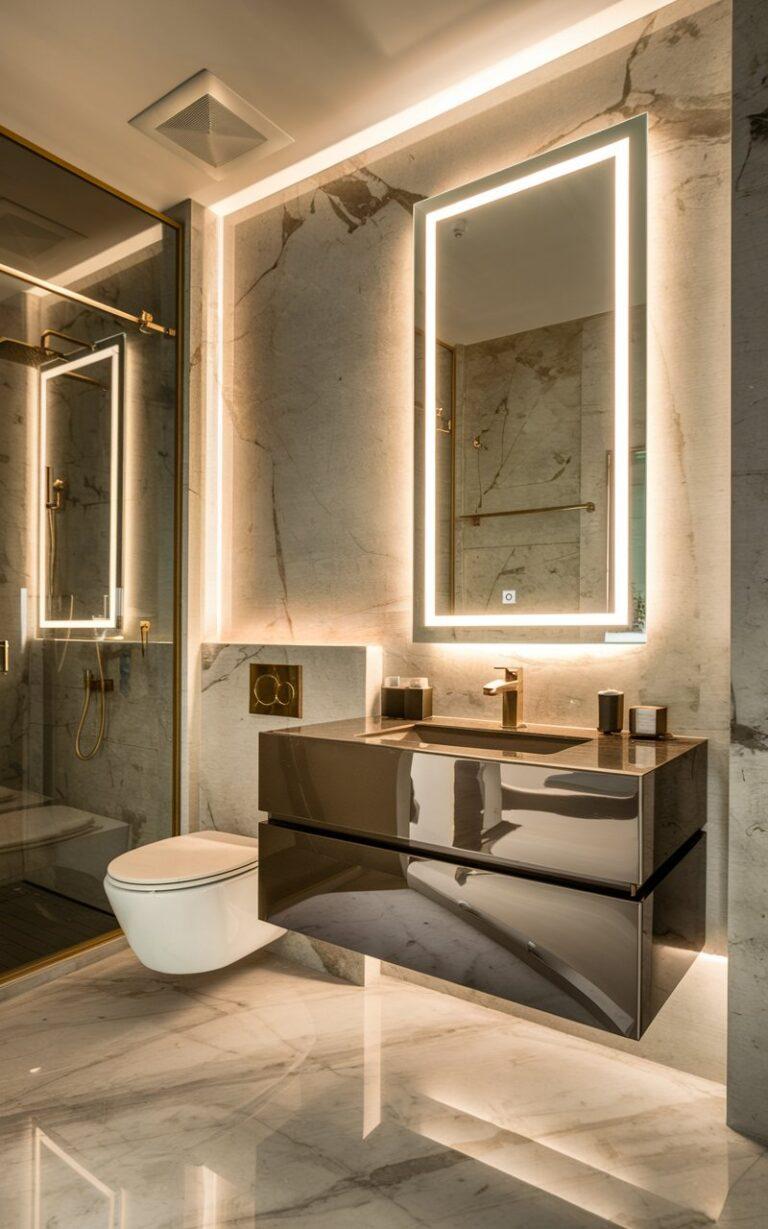 Mirror wall lamp installed beside a luxury hotel bathroom mirror providing balanced illumination.
