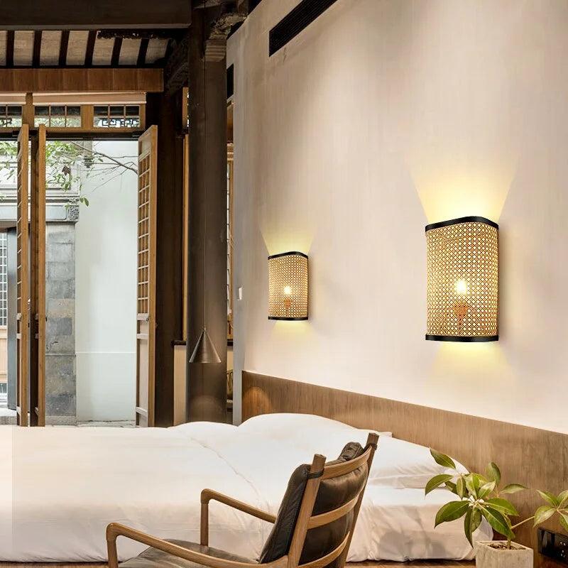 Woven wall lamp installed in a luxury resort interior with contemporary natural architecture.