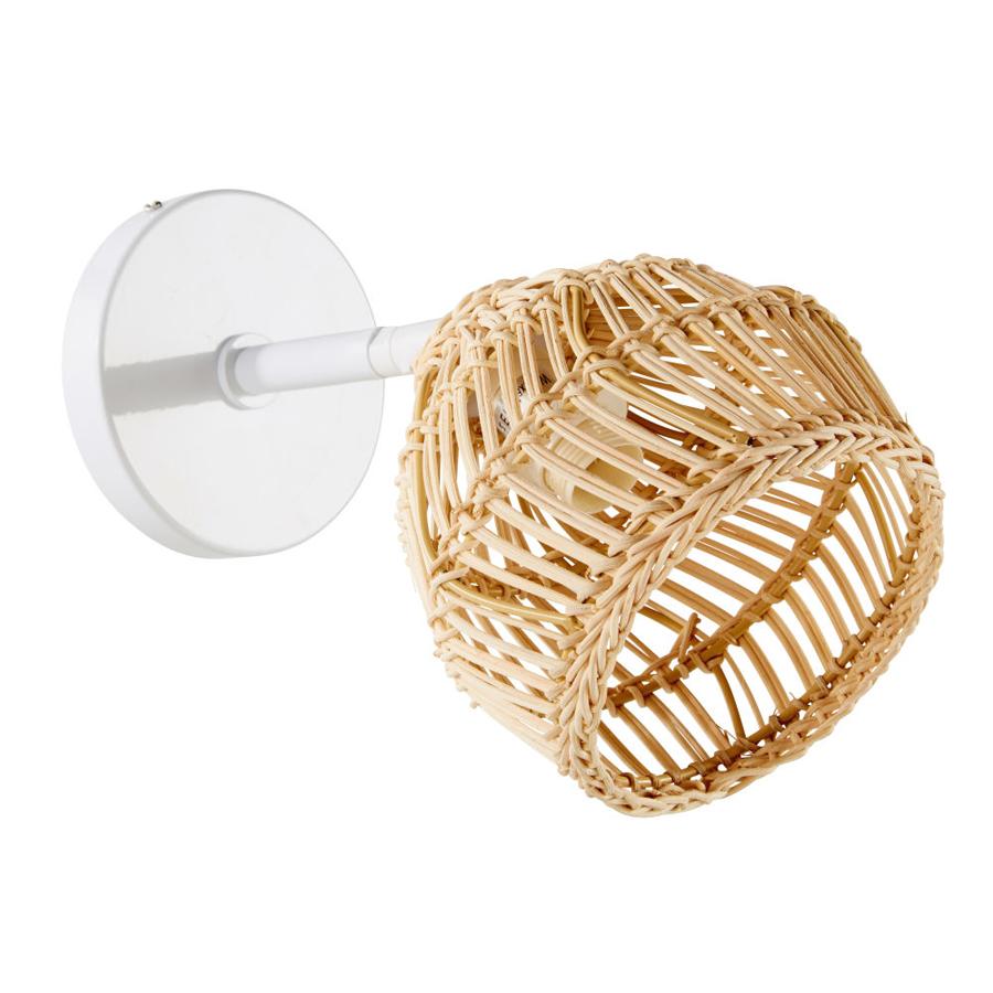 Handwoven rattan wall lamp photographed on a clean white studio background.