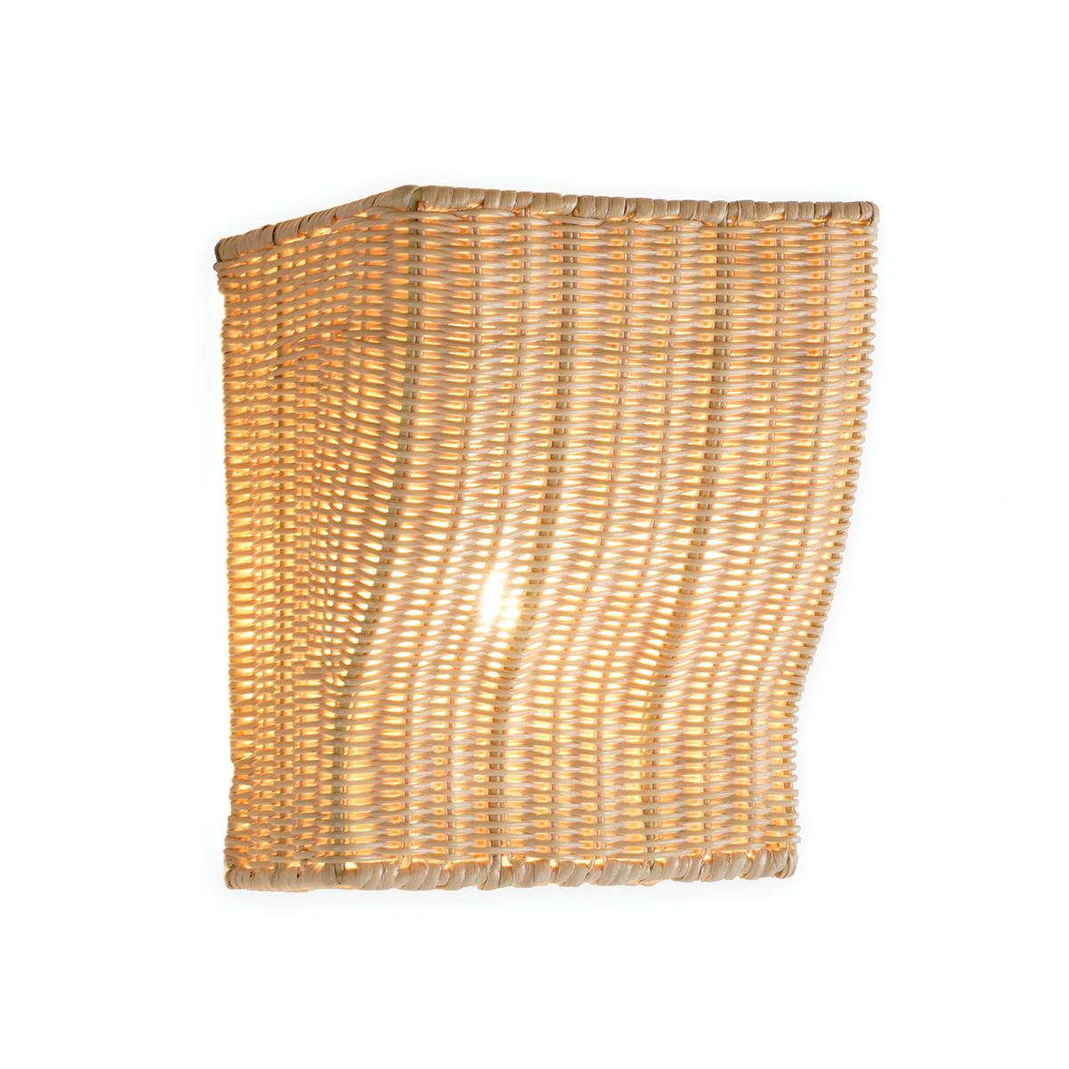 Handwoven rattan wall lamp photographed on a clean white studio background.