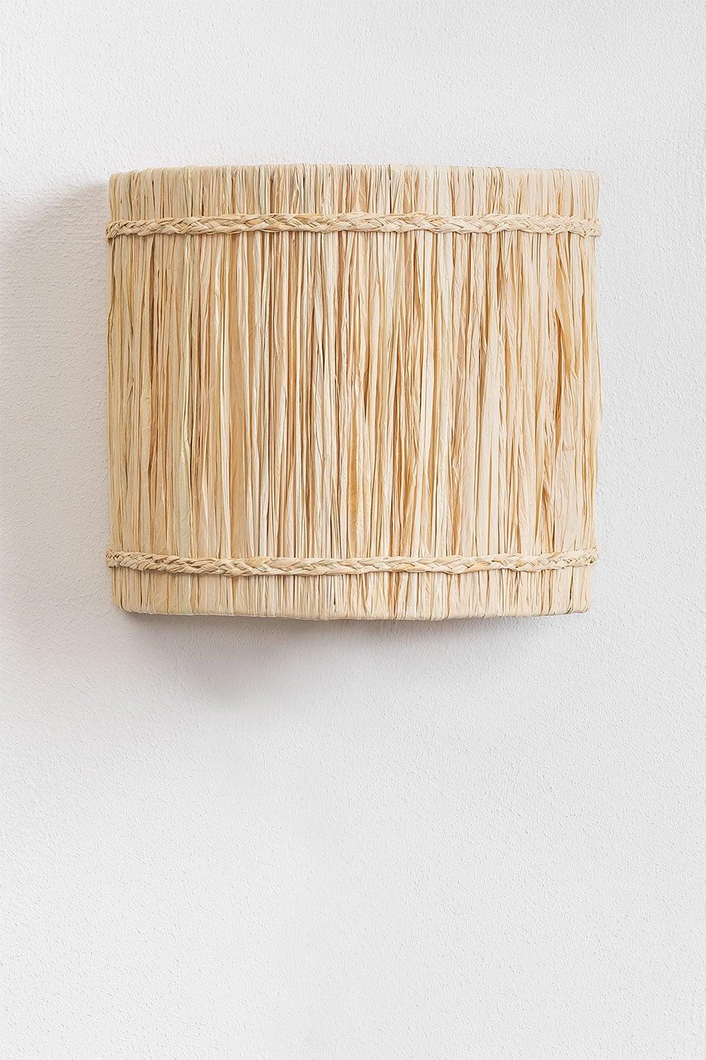 Front view of a woven wall lamp crafted from natural fibers.
