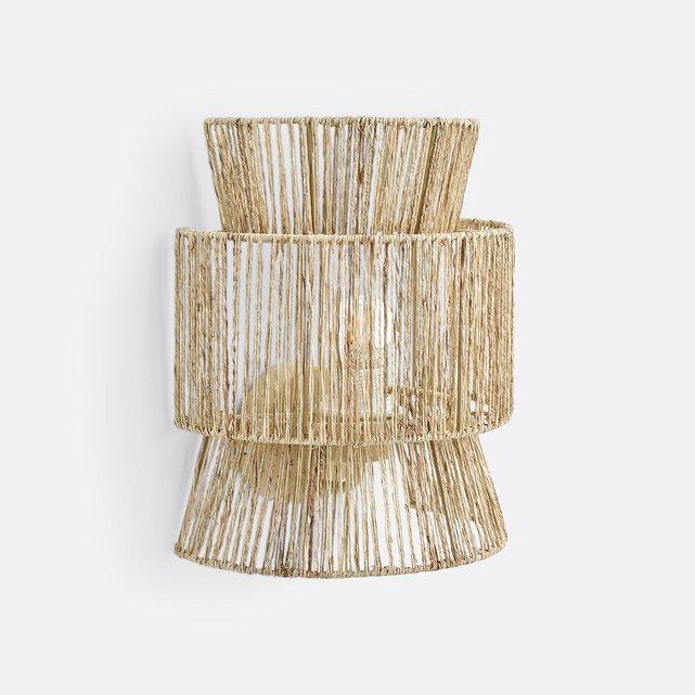 Front view of a woven wall lamp crafted from natural fibers.