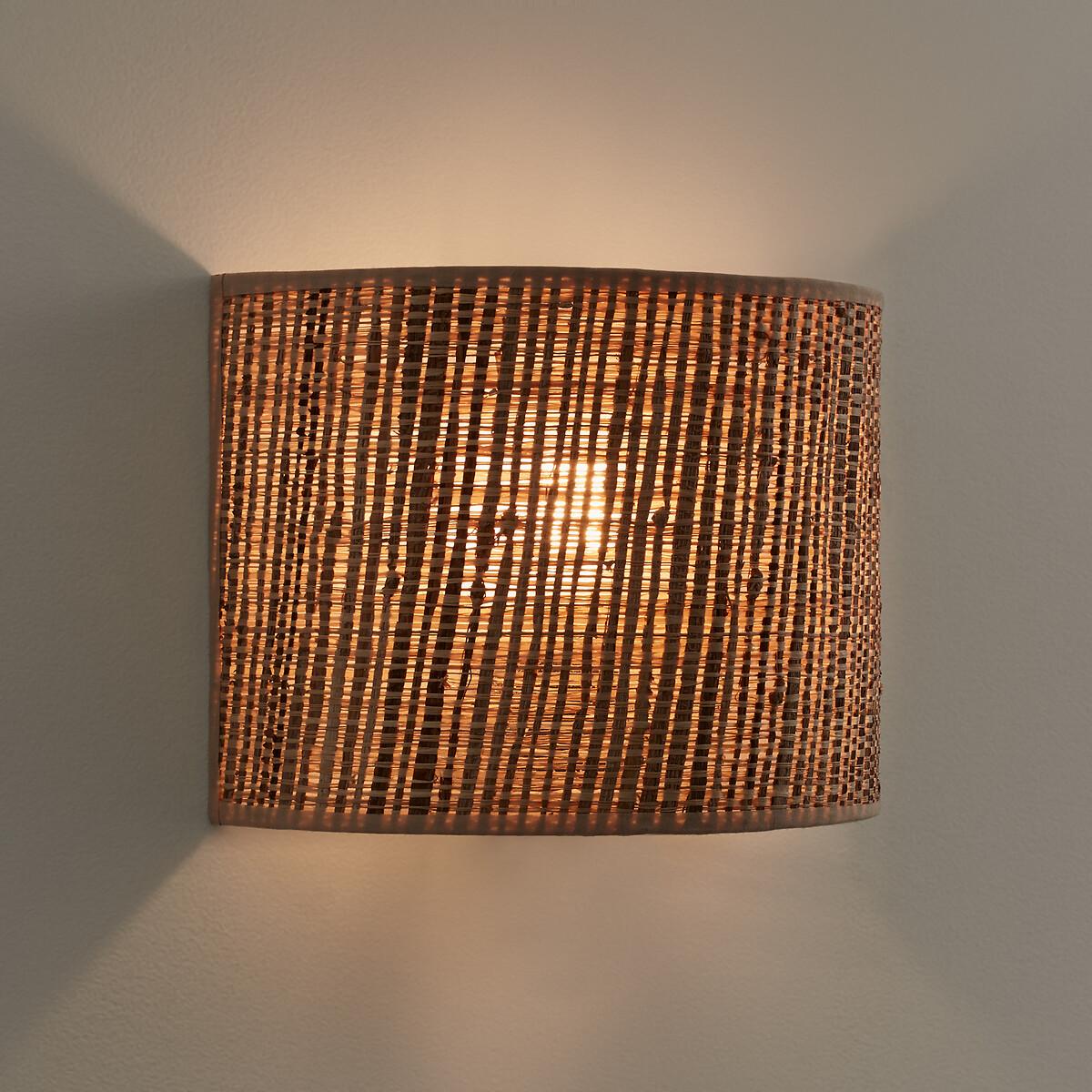 Front view of a woven wall lamp crafted from natural fibers.