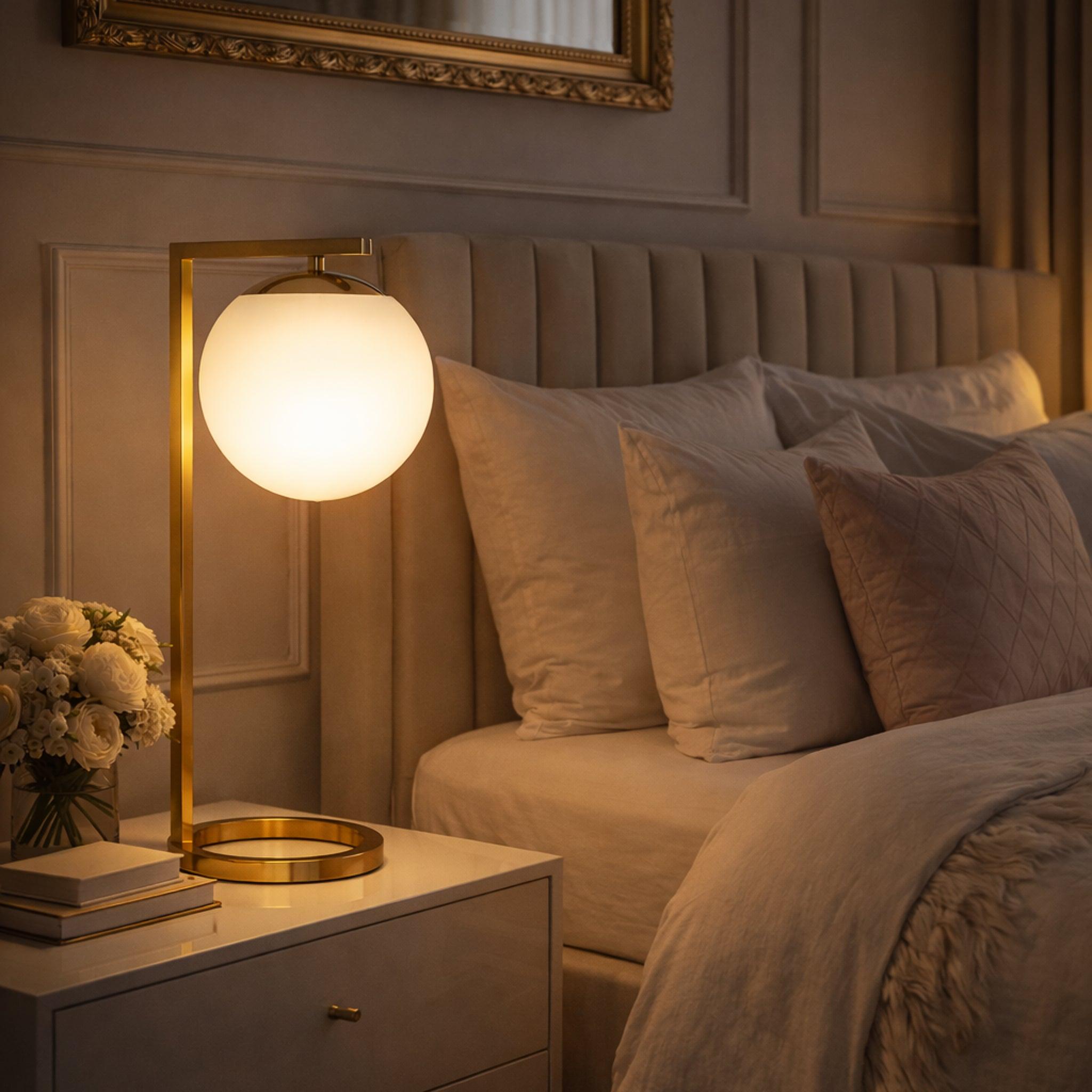 Globe table lamp placed on a luxury hotel bedside table creating soft and balanced ambient illumination.