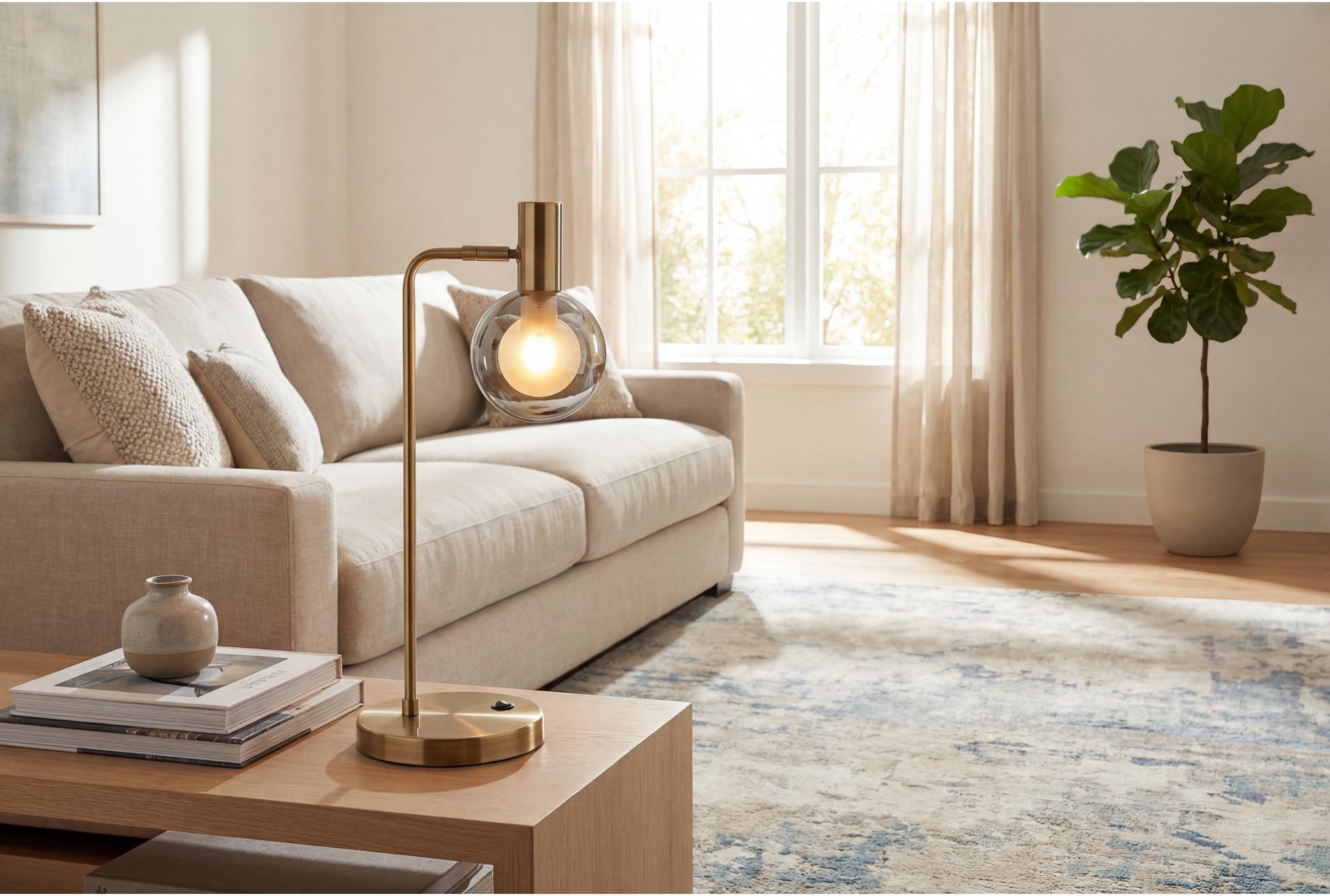 Globe table lamp placed on a luxury hotel bedside table creating soft and balanced ambient illumination.