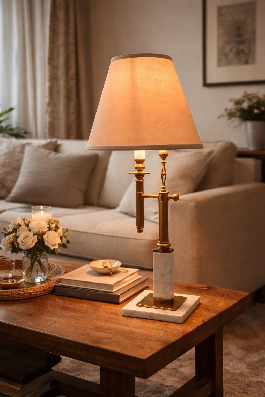 Classic table lamp placed in a luxury hotel lounge creating warm ambient lighting and timeless sophistication.