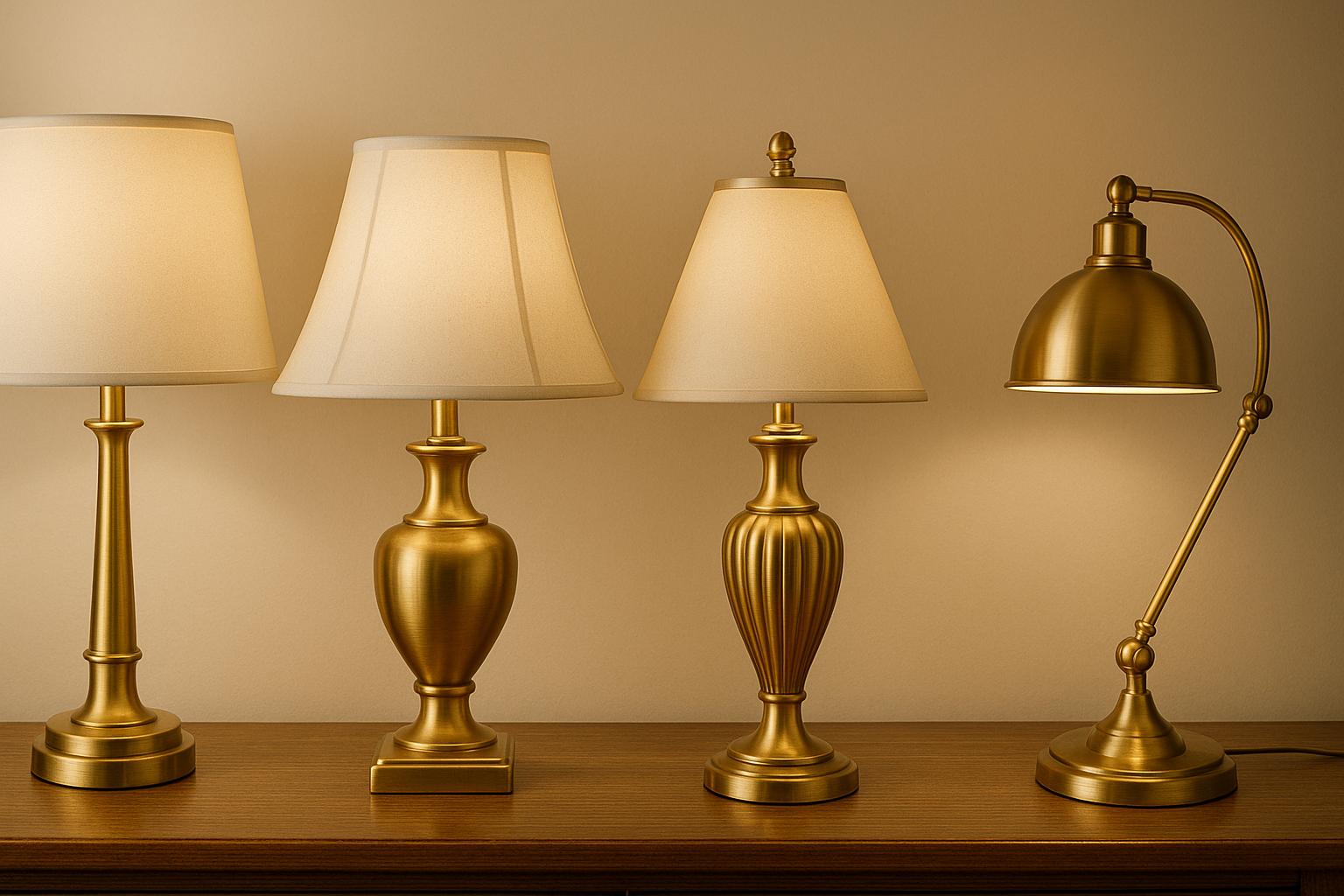 Collection of classic table lamps featuring brass, ceramic and fabric shade combinations for elegant interiors.
