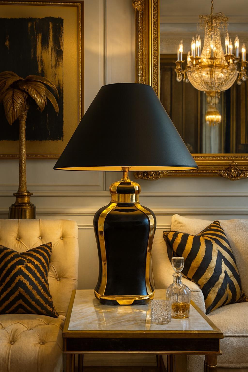 Classic table lamp placed in a luxury hotel lounge creating warm ambient lighting and timeless sophistication.