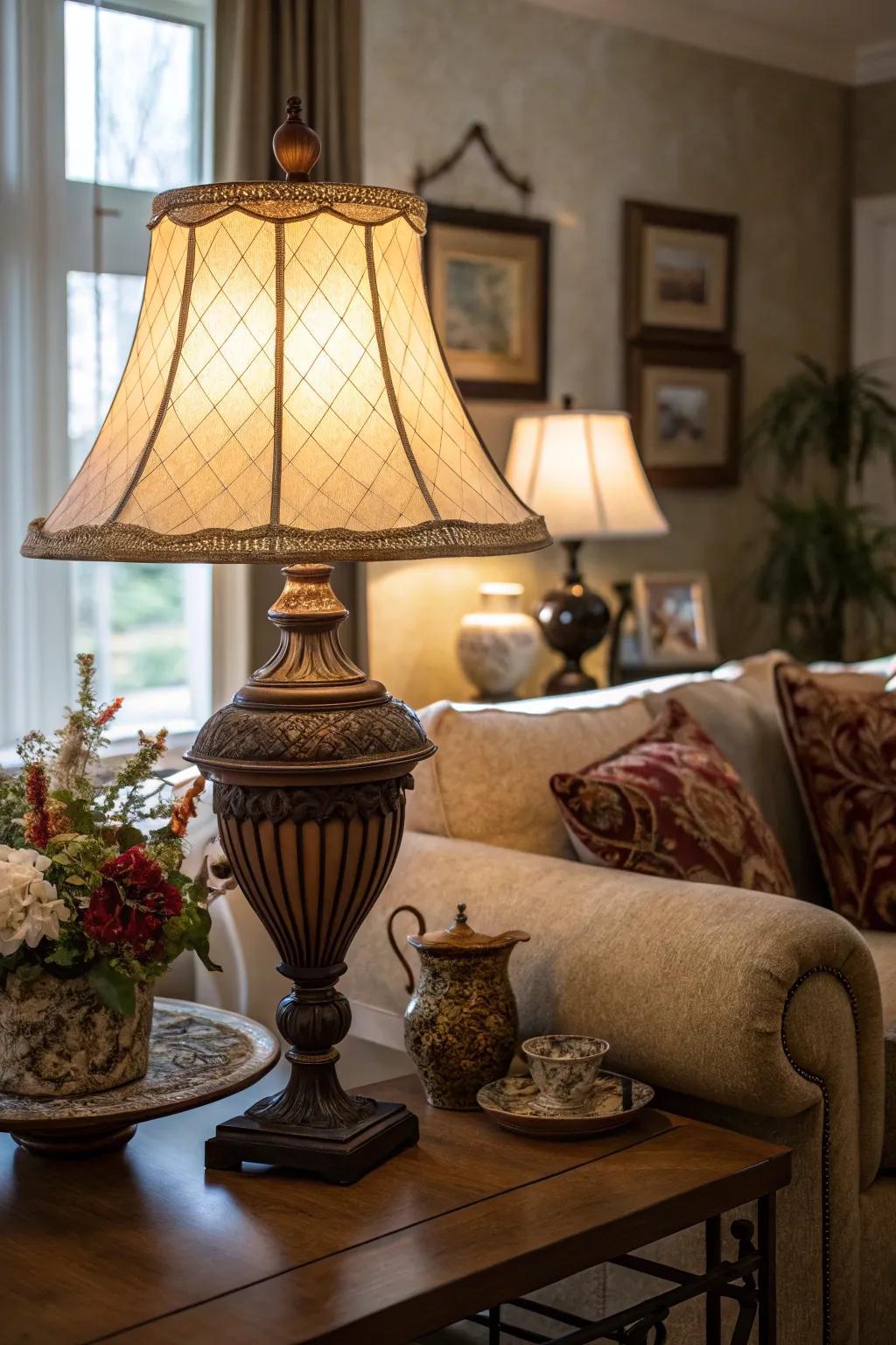 Classic table lamp placed in a luxury hotel lounge creating warm ambient lighting and timeless sophistication.