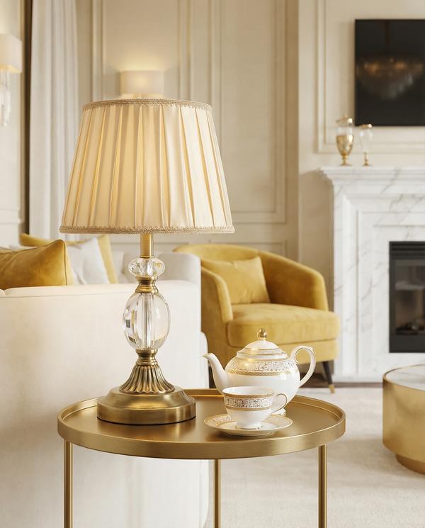 Classic table lamp placed in a luxury hotel lounge creating warm ambient lighting and timeless sophistication.