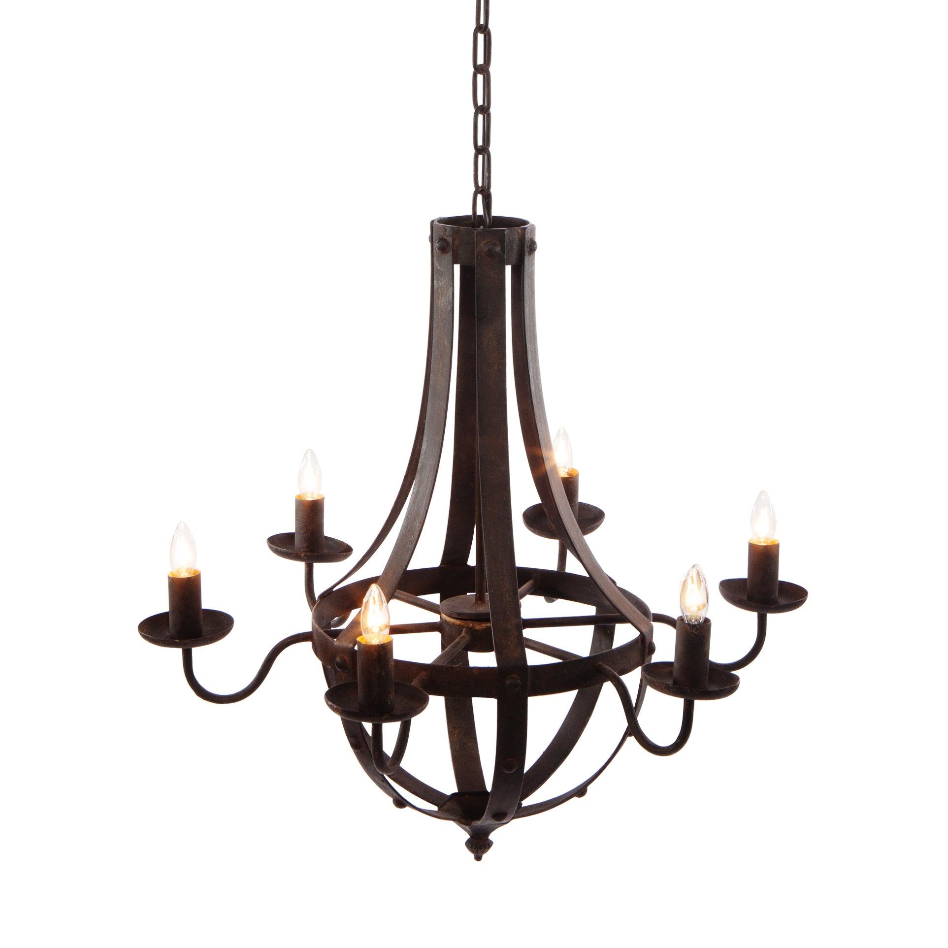 Rustic chandelier featuring wood and wrought iron photographed on a clean white studio background.
