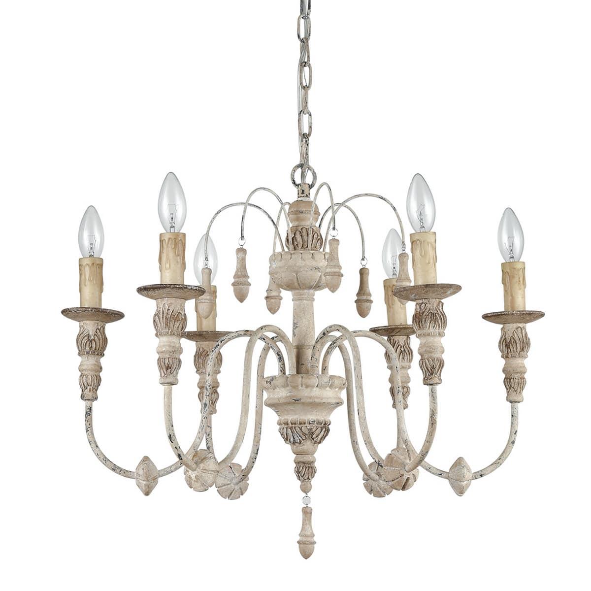 Rustic chandelier featuring wood and wrought iron photographed on a clean white studio background.