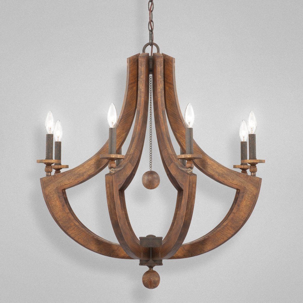 Front view of a handcrafted rustic chandelier with natural materials.