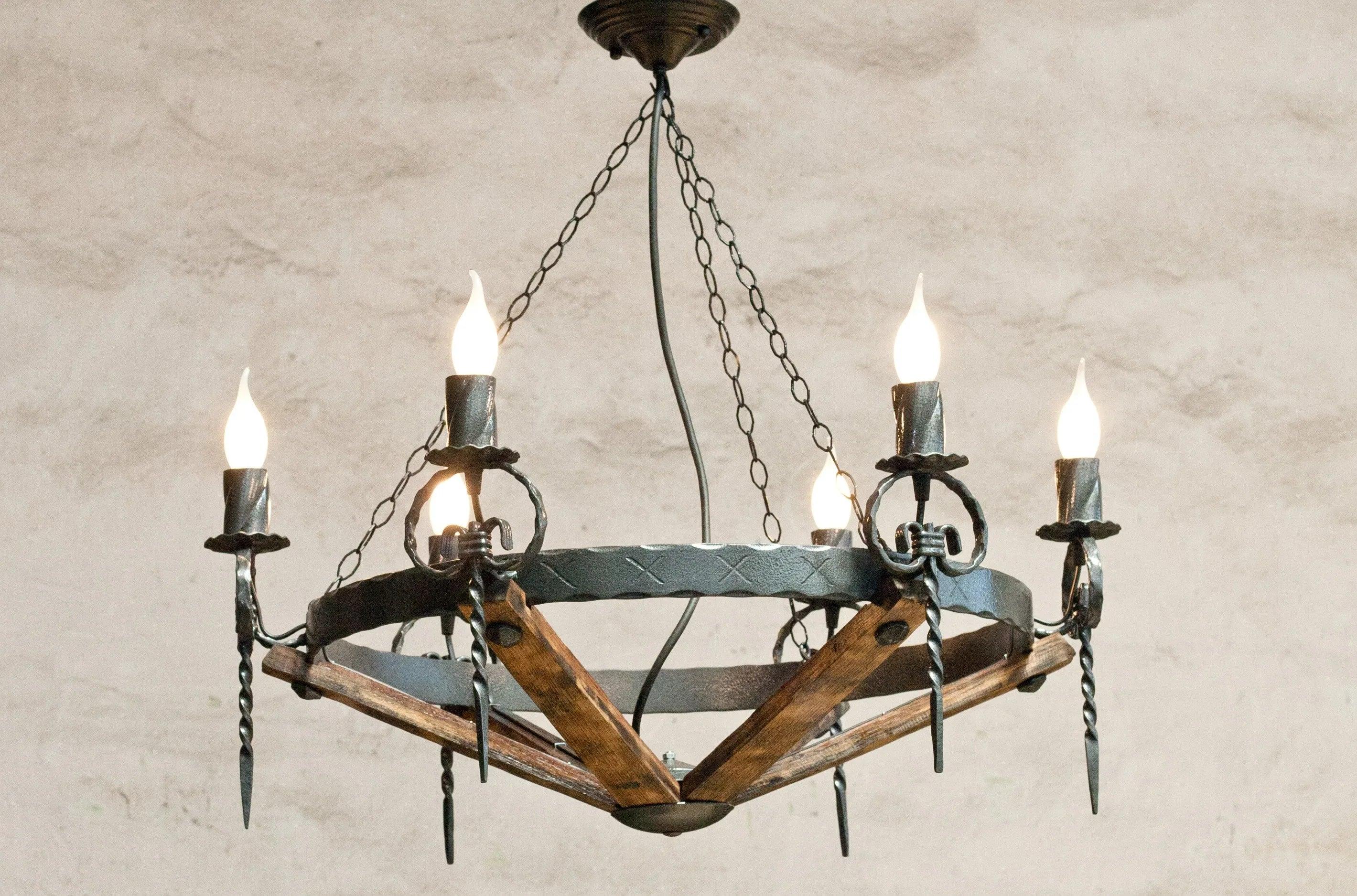 Front view of a handcrafted rustic chandelier with natural materials.