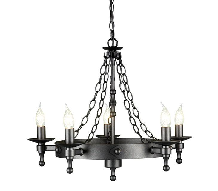 Rustic chandelier featuring wood and wrought iron photographed on a clean white studio background.