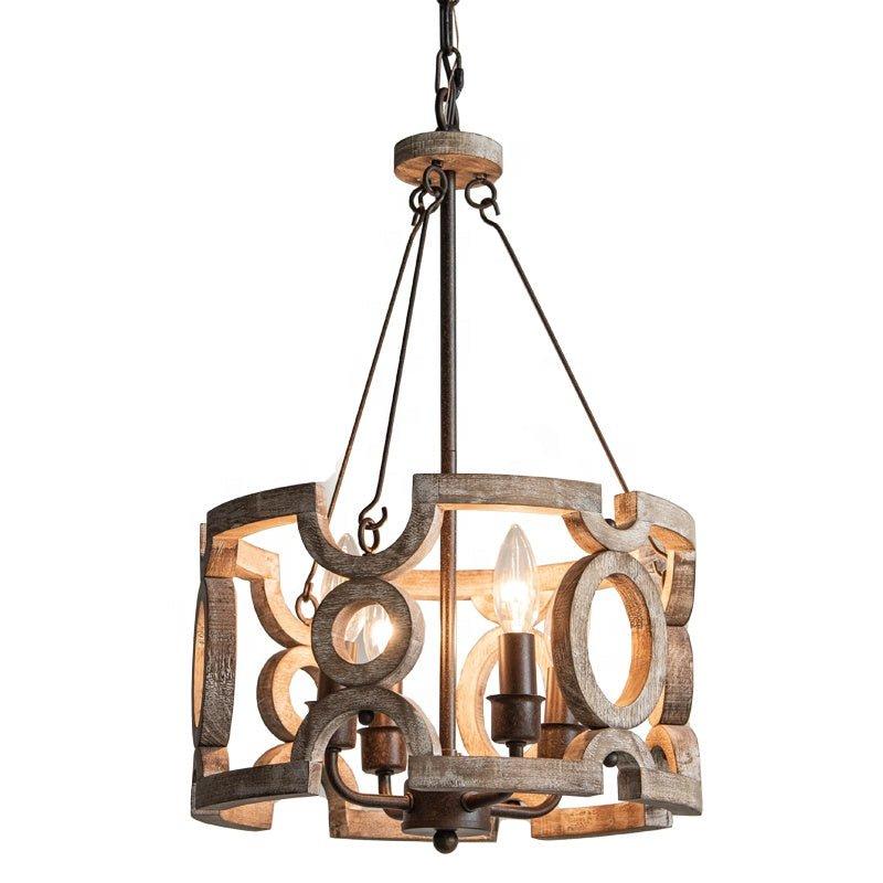 Rustic chandelier featuring wood and wrought iron photographed on a clean white studio background.